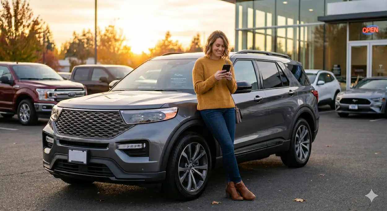 Woman reviewing GAP insurance on phone near her car